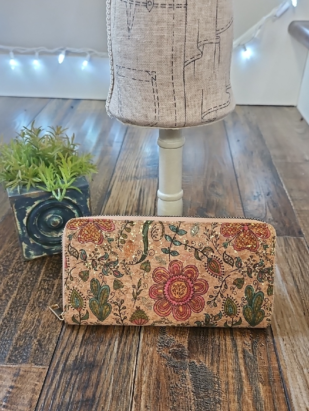Floral Cork Zip-Around Wallet‎ in Pink Beige